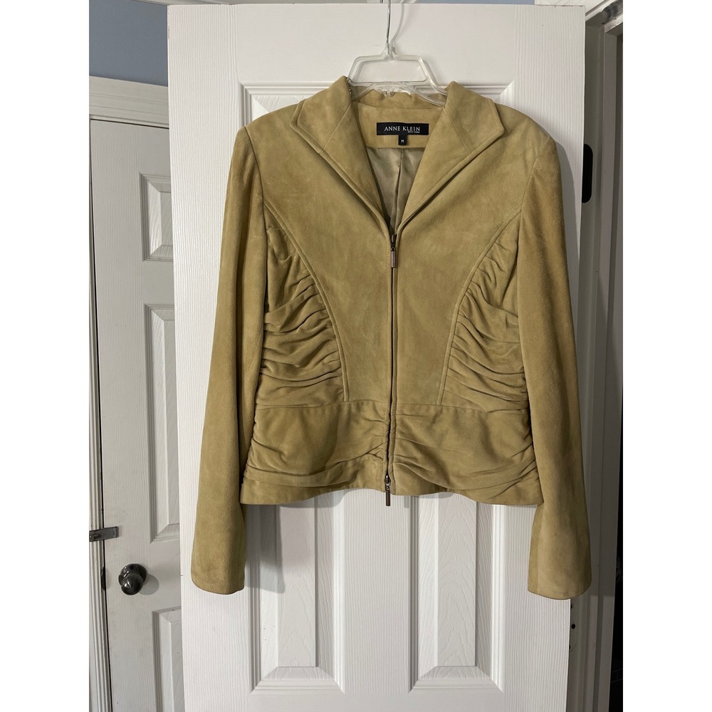 Anne Klein Suede Ruched Zip Front Jacket Women Medium‎ Camel Beige Blazer
